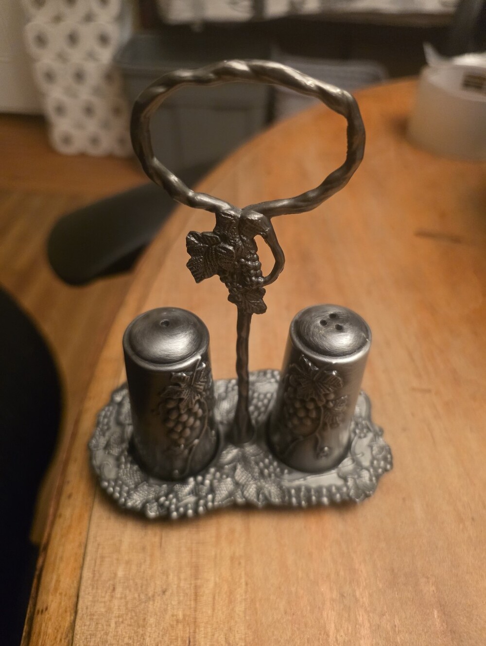 Grape Detailed Pewter Salt & Pepper Shakers With Caddy Patent Design On Bottom